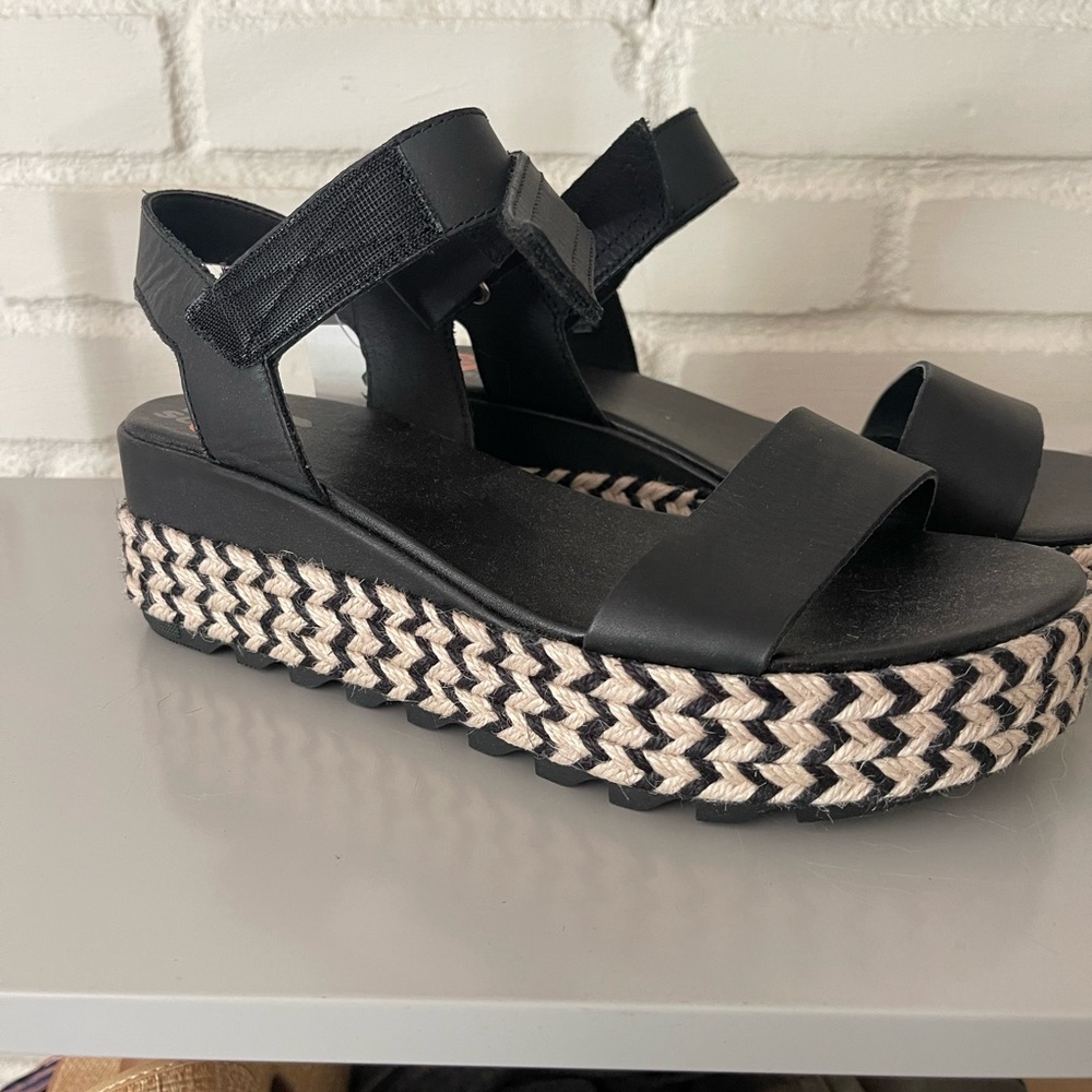 Sorel Black and Natural Wedge Sandals
